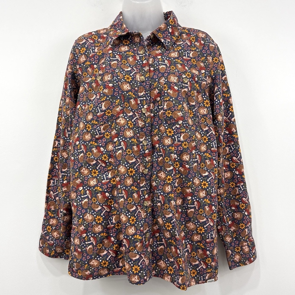 Duluth Trading Free Swingin Flannel Womens M Hedgehog Mushroom Novelty AOP
